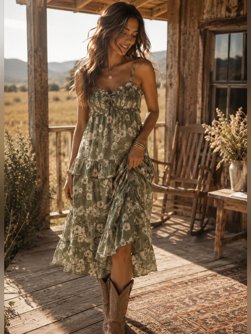 Western Romance Trixxi Cottage Core Floral Tiered Smocked Midi NWT Large